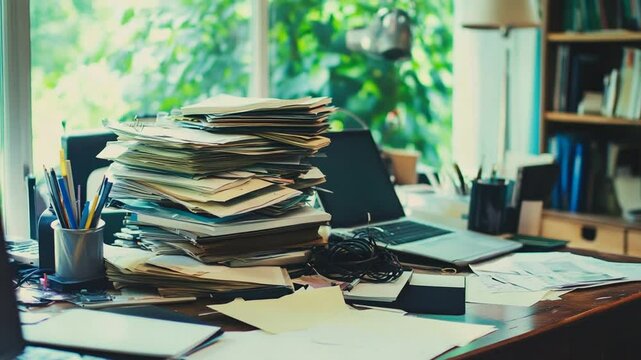 Disorganized workspace, overflowing papers and document clutter on the desk
