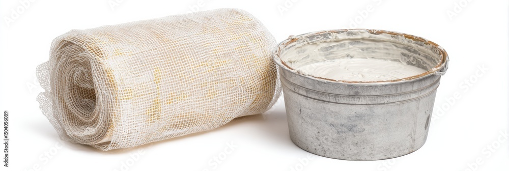 Aufkleber Fiberglass Mesh Roll Beside Bucket of Adhesive in Workshop Setting Showing Materials for Construction and Repair Activities