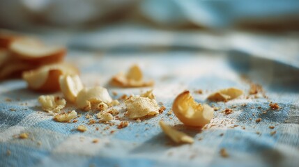Crumbs of cookies scatter across a checkered tablecloth, evoking coziness and the remnants of a delightful snack time.
