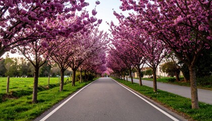Obraz premium Enchanting canopy of flowering cherry trees lining a road with vibrant blooms