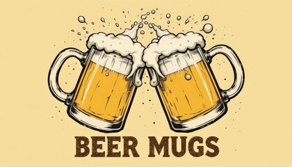 Cheers to Celebration: Dynamic Vector Illustration of Three Beer Mugs Clinking with Splashing Foam
