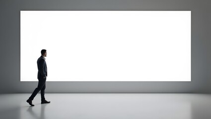 Fototapeta premium Advertising concept with businessman back view in front of blank white billboard