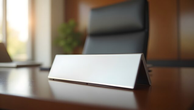 A blank name plate  office sign positioned on a desk, likely providing guidance or details for employees or visitors.