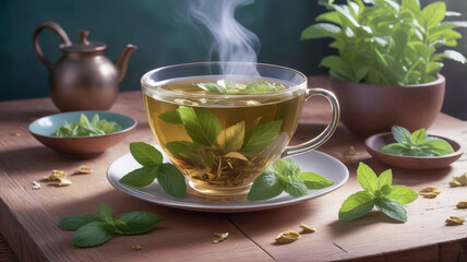Tranquil Herbal Tea: Steaming Green Tea with Fresh Mint and Spices for Wellness