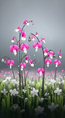 A serene scene featuring vibrant pink and white flowers blooming amidst lush green grass, creating a peaceful atmosphere suitable for nature enthusiasts and floral lovers.