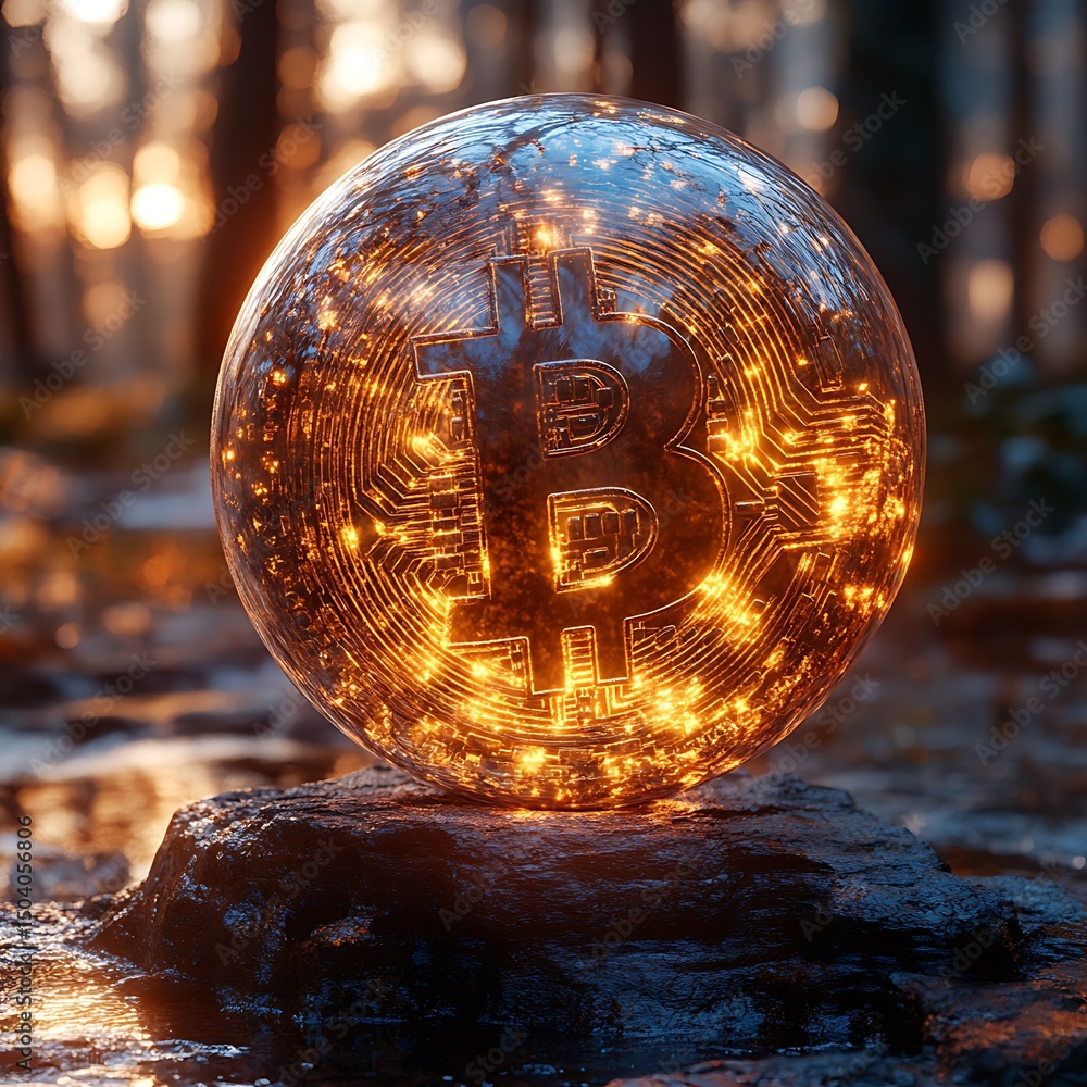 Poster bitcoin cryptocurrency orb on a rock glowing with light in a beautiful forest scene high resolution 