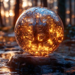 Bitcoin cryptocurrency orb on a rock glowing with light in a beautiful forest scene high resolution image
