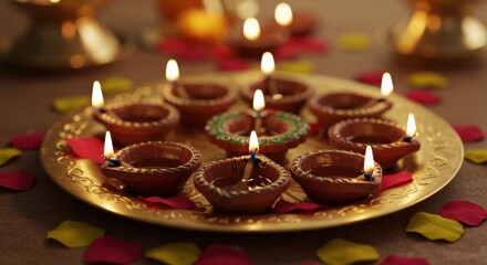 A Golden Plate Adorned with Lit Clay Diyas and Scattered Rose Petals, Celebrating the Festival of Diwali