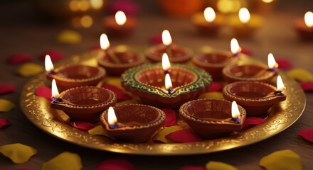 A Golden Plate Adorned with Lit Clay Diyas and Scattered Rose Petals, Celebrating the Festival of Diwali