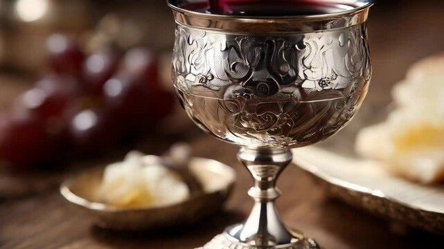 Pouring red wine into an ornate silver goblet on a wooden table with grapes and bread, creating a symbolic and elegant scene.