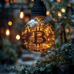 Bitcoin illuminated inside a light bulb with circuit board design in a high resolution image.