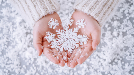 Hands gently holding intricate snowflakes amidst a winter wonderland, capturing the essence of cold and tranquil seasonal beauty