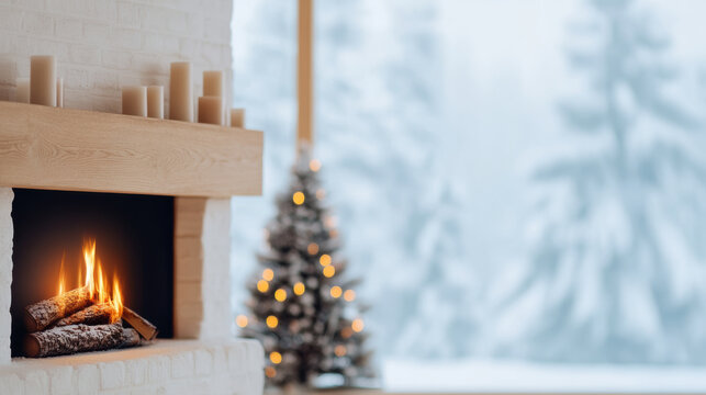 Cozy fireplace and candlelit mantel in a snowy winter cabin setting with decorated tree view