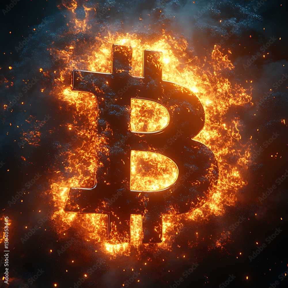 Poster bitcoin symbol engulfed in flames a visual representation of cryptocurrency volatility and risk with
