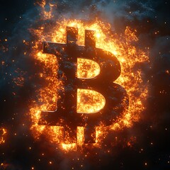 Bitcoin symbol engulfed in flames a visual representation of cryptocurrency volatility and risk with high resolution image