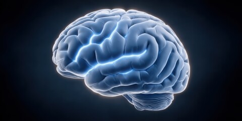 A digital illustration of a human brain with highlighted neural pathways, set against a dark background.