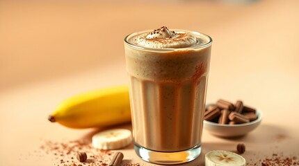 Coffee banana breakfast smoothie on beige backdrop
