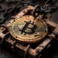 Bitcoin symbol representing digital currency security and the concept of financial control high resolution image