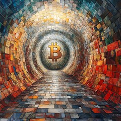 Bitcoin symbol illuminated in a colorful tunnel representing cryptocurrency and digital finance trends