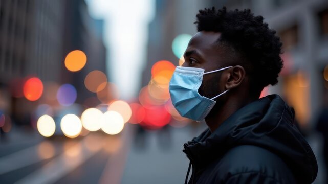 profile of african american man wearing blue mask in urban setting with colorful bokeh lights. public health awareness, city life, evening scene. pandemic concept.