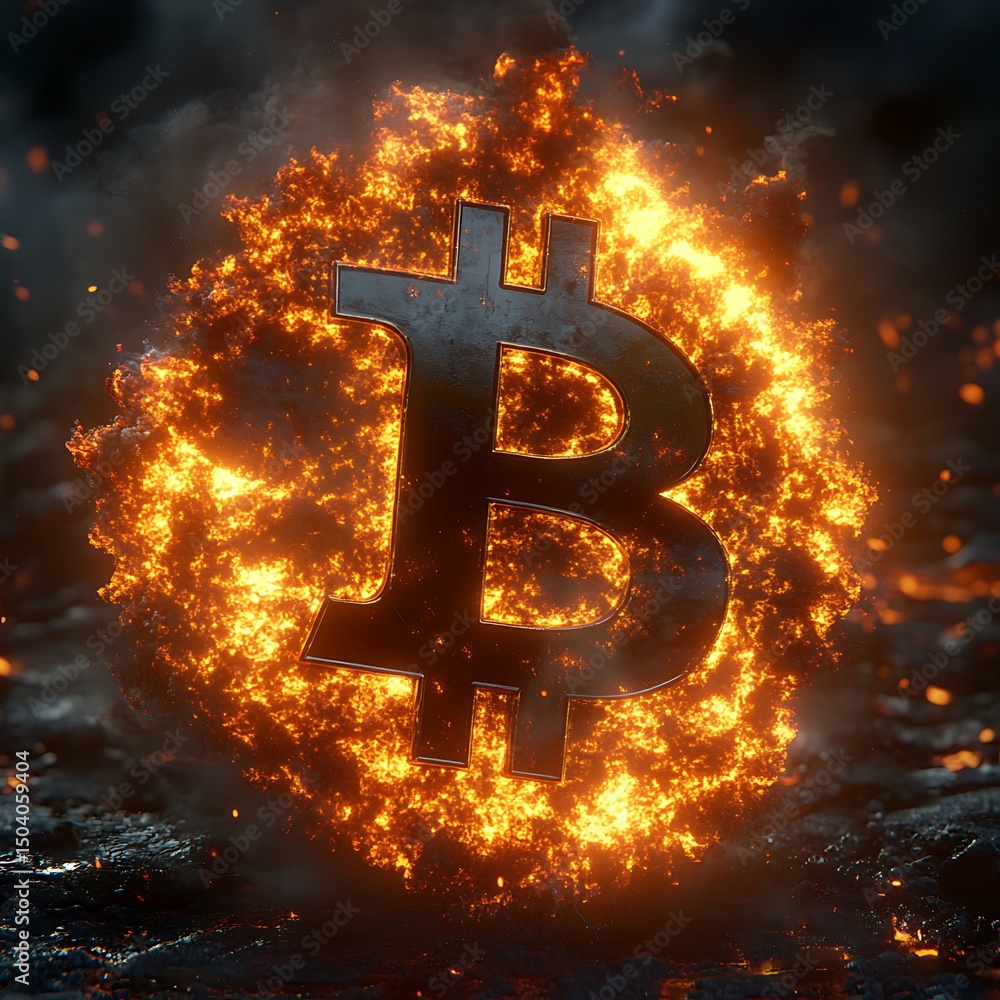 Poster burning bitcoin symbol engulfed in flames a high resolution image representing cryptocurrency volati