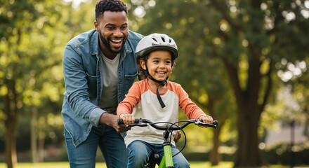 Happy father helping son ride a bike in a park during summer  