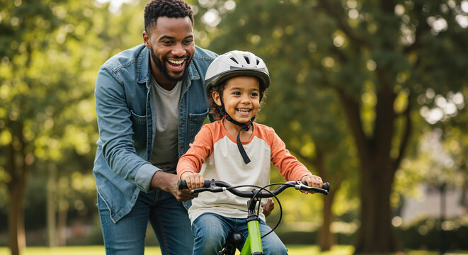 Happy father helping son ride a bike in a park during summer