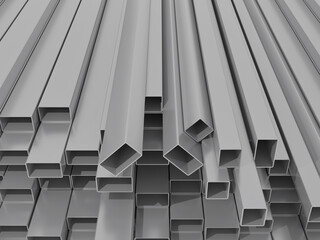 Front view metal steel products. Steel galvanized. Stainless steel profiles. 3D rendering