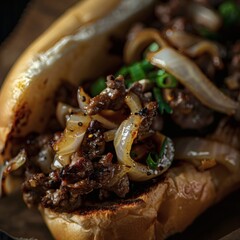 Photo of Delicious philly cheesesteak sandwich with onions and green onions