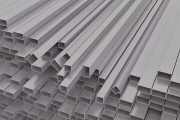 Metal steel products. Steel galvanized. Stainless steel profiles. 3D rendering.
