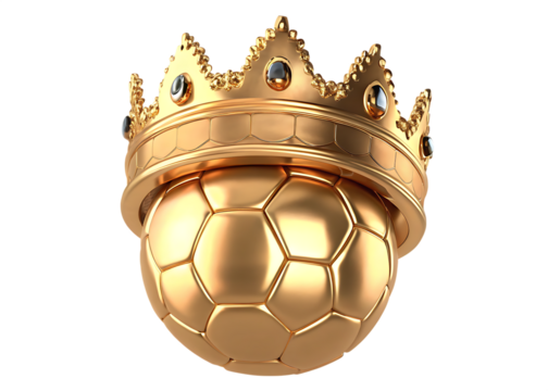 A gold soccer in king crown isolated on white  background PNG