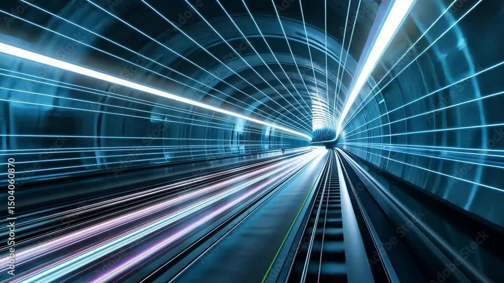 Poster futuristic tunnel with dynamic blue lights and motion blur, showcasing speed and technology, creates