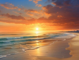 Obraz premium Golden Sunrise Over Serene Ocean Waves and Sandy Beach