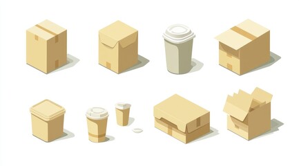 Isometric illustration of various cardboard boxes, containers, and disposable cups, showcasing packaging options