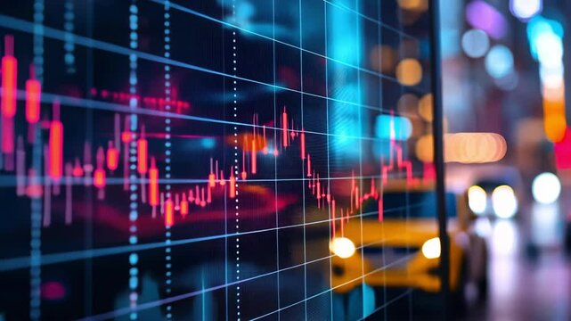 Red and blue financial stock market chart with downward trend, trading data, bokeh lights, investment and economic analysis, finance concept.