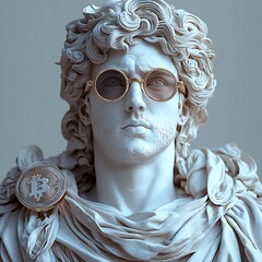 Classical statue wearing gold sunglasses and bitcoin medal in high resolution image