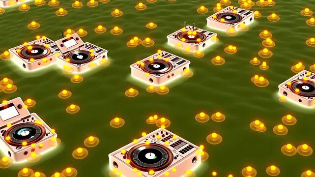 Immersive DJ Decks in Glowing Green Landscape - Abstract Digital Art