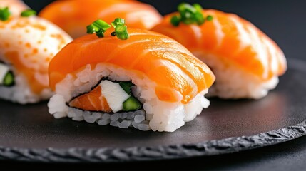 Sushi rolls arranged artfully on a dark plate, featuring fresh salmon and vibrant toppings for a gourmet dining experience