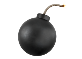 Black round bomb with burning fuse  isolated on white  background PNG