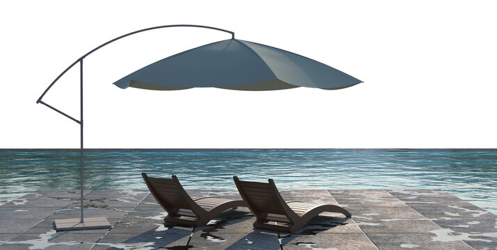 banner of modern luxury infinity pool with two deckchairs under a parasol on a wet stone terrace