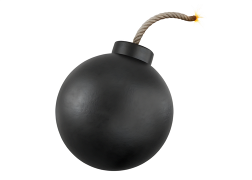 Black round bomb with burning fuse  isolated on white  background PNG
