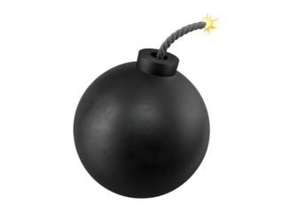 Black round bomb with burning fuse  isolated on white  background PNG