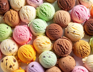 Eiskugeln in unterschiedlichen Sorten und Farben. Jede Kugel hat 