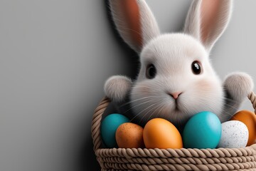 Easter celebration banner featuring a cute bunny with a colorful basket of eggs on a transparent background