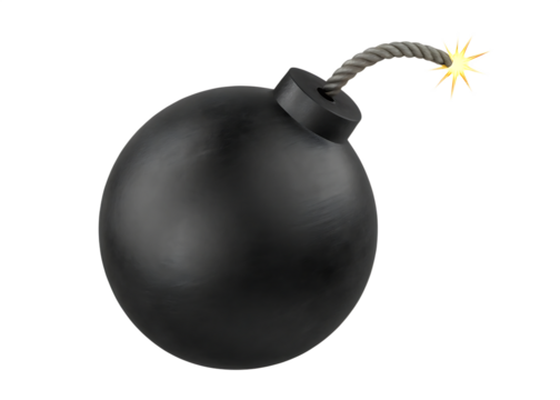 Black round bomb with burning fuse  isolated on white  background PNG