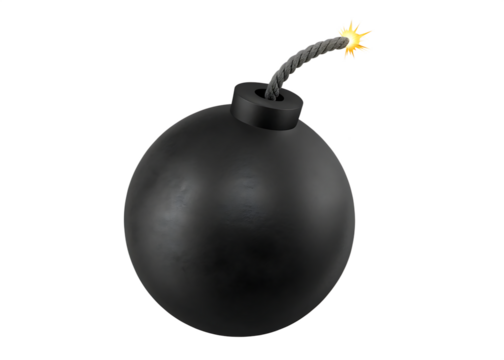 Black round bomb with burning fuse  isolated on white  background PNG