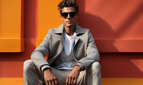 In a lively urban setting, a trendy young man in a stylish outfit leans against a bright orange wall. He exudes confidence, embodying modern fashion while enjoying a sunlit moment of leisure