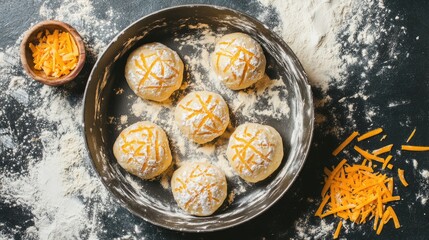 Overhead shot of cheese bread dough balls rising in a pan, light flour dusting and cheese visible