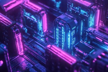 Obraz premium Futuristic technology illustration showing abstract digital nodes and interconnected mesh structure, cyberpunk style neon blue and purple light effects, high tech concept on dark background