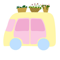Pastel Van with Flower Pots on Roof Illustration